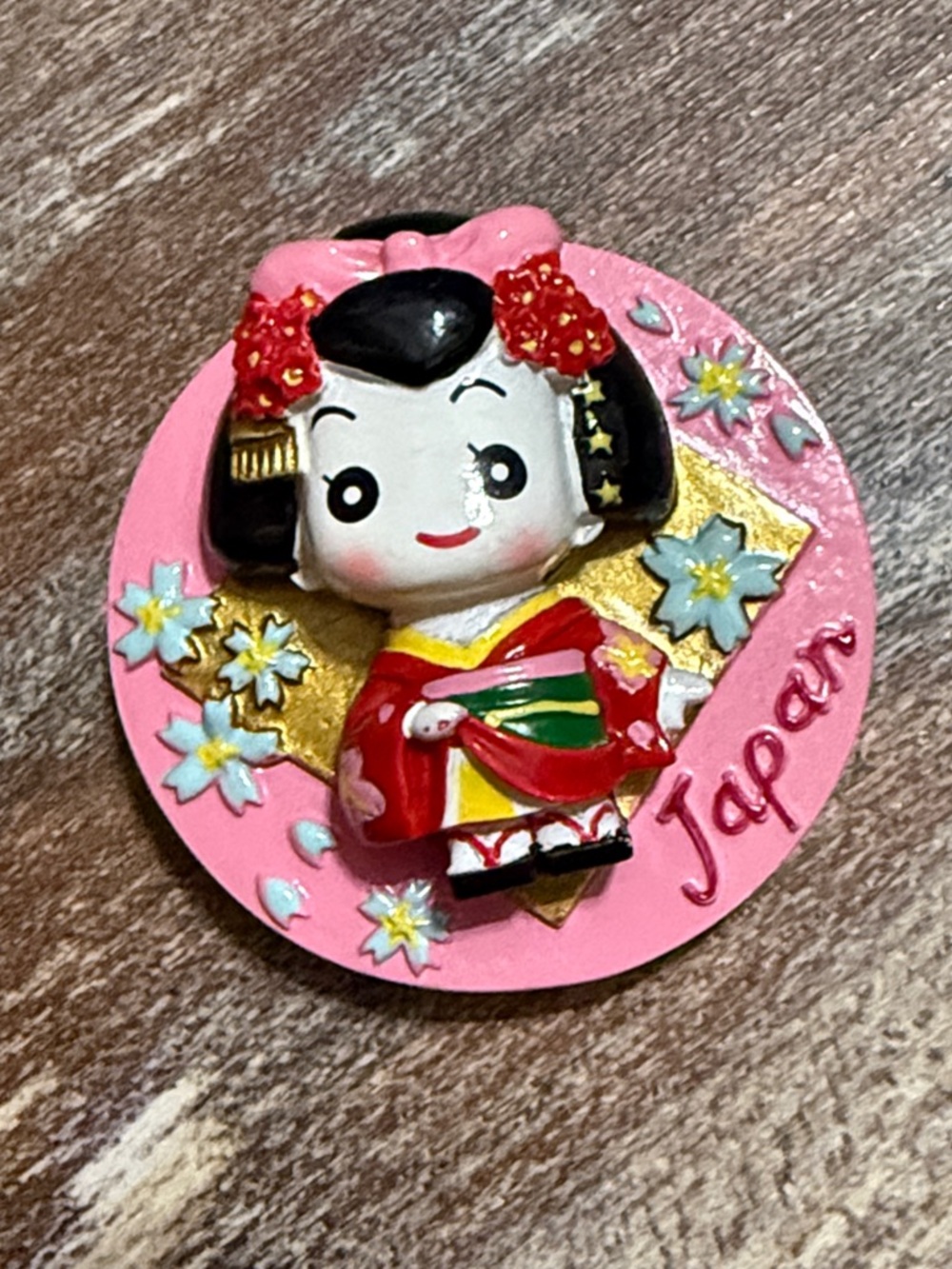 Kokeshi Doll Magnet - Pink and Red Japanese Kimono Toy